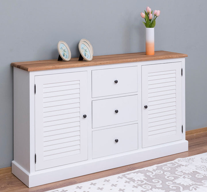 Buffet en pin massif largeur 158 cm avec 2 portes persiennes et 3 tiroirs finition Chêne naturel et Blanc Chaud