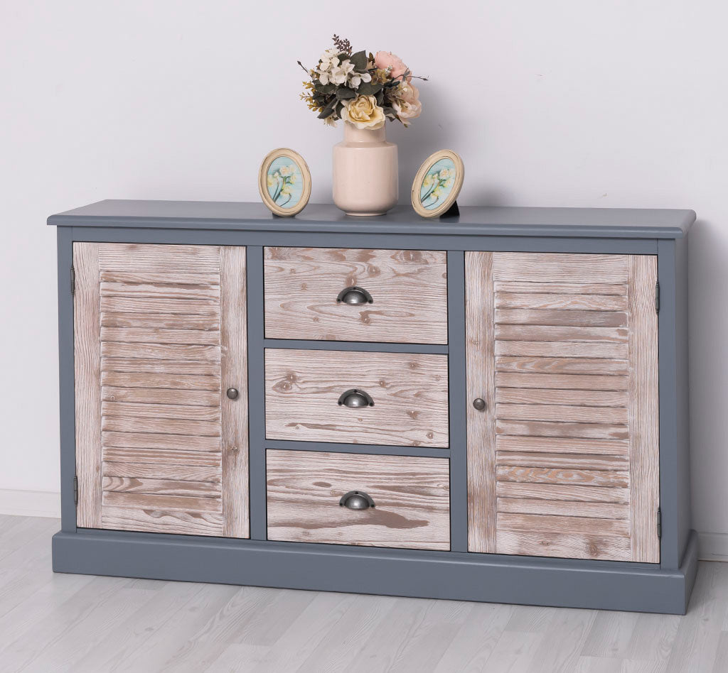 Buffet en pin massif largeur 158 cm avec 2 portes persiennes et 3 tiroirs finition Gris Ardoise et Chêne grisé
