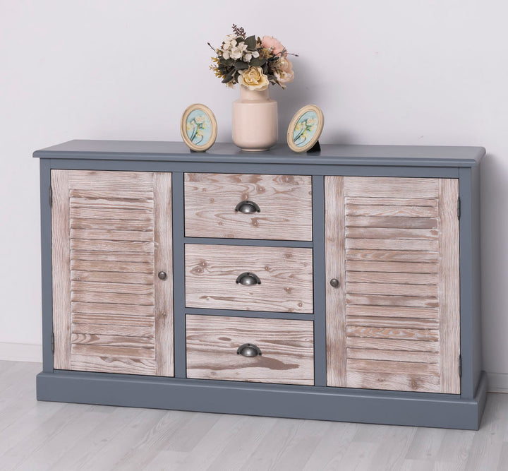 Buffet en pin massif largeur 158 cm avec 2 portes persiennes et 3 tiroirs finition Gris Ardoise et Chêne grisé