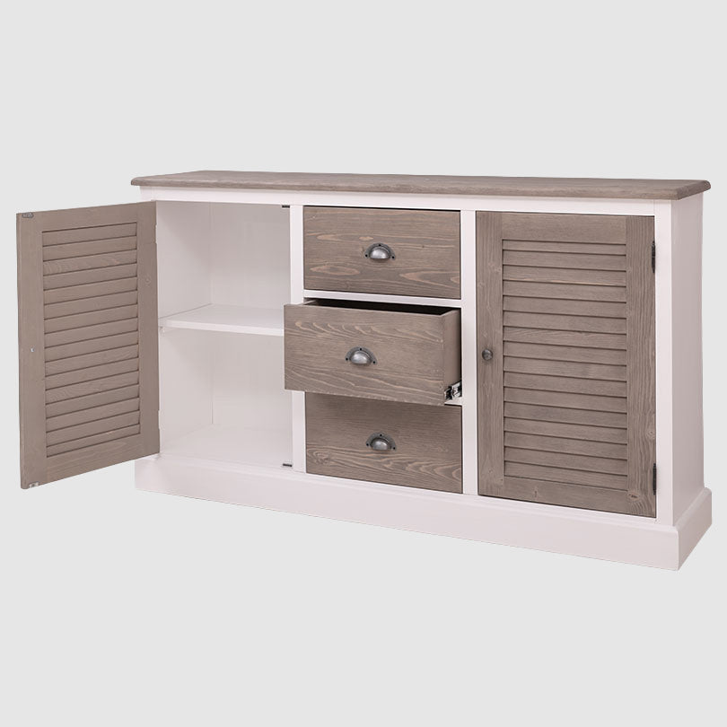 Buffet en pin massif largeur 158 cm avec 2 portes persiennes et 3 tiroirs dont un tiroir ouvert finition Brun grisé et Blanc Pur
