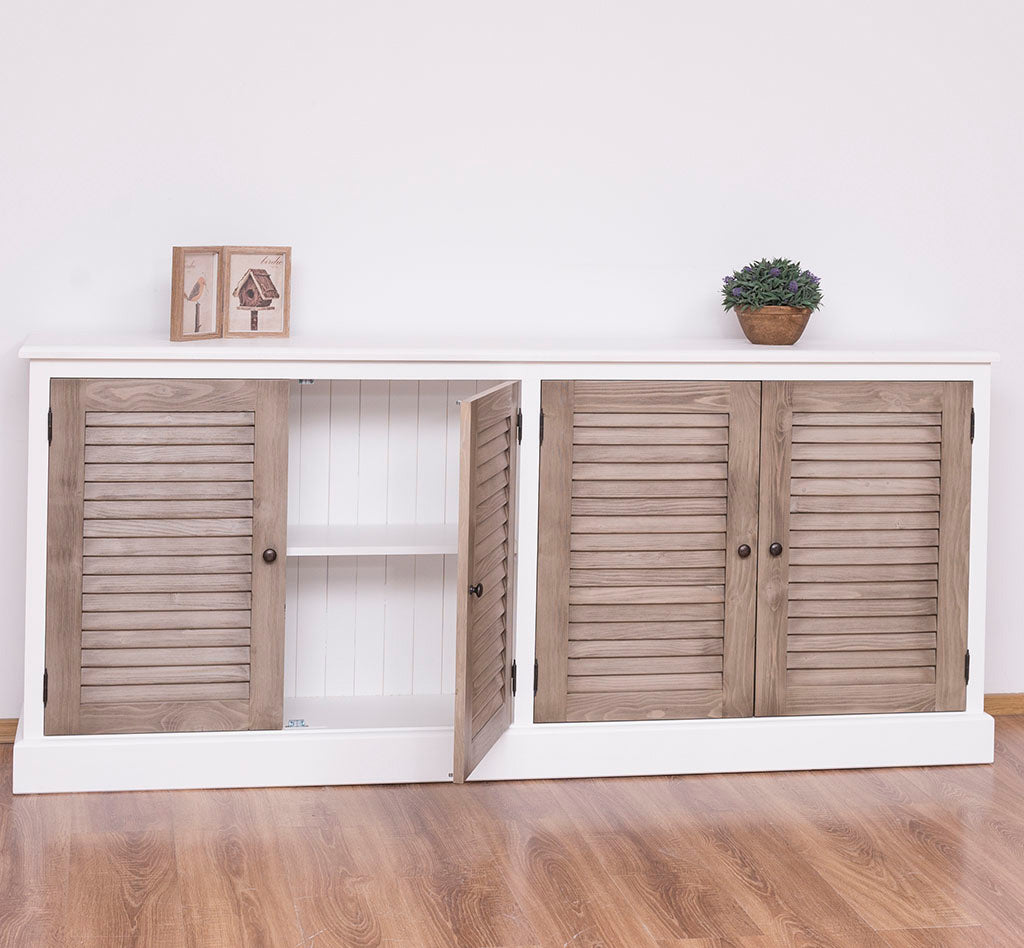 Buffet en pin massif largeur 209 cm avec 4 portes persiennes finition Blanc Pur et Brun grisé