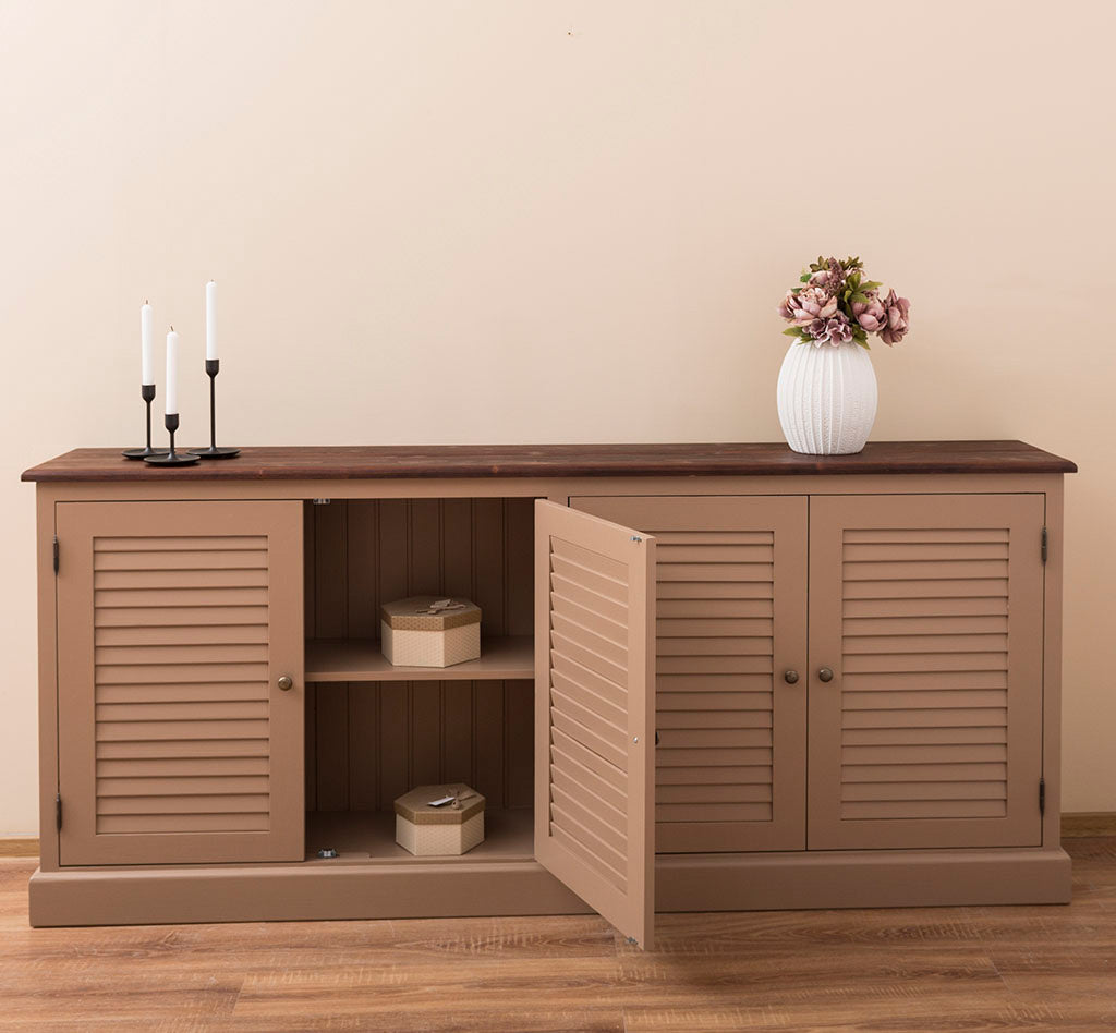 Buffet en pin massif largeur 209 cm avec 4 portes persiennes finition Gris Perle