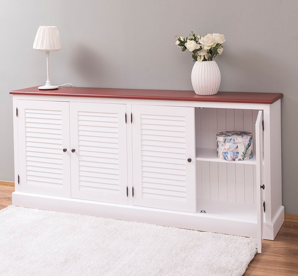 Buffet en pin massif largeur 209 cm détail du plateau finition Rouge Foncé