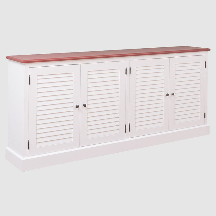 Buffet en pin massif largeur 209 cm avec 4 portes persiennes finition Rouge Foncé et Blanc Pur