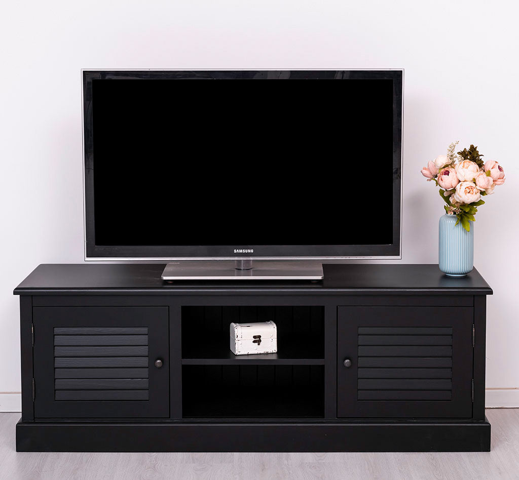Meuble TV en bois massif avec 2 portes et 2 niches ouvertes, finition noire