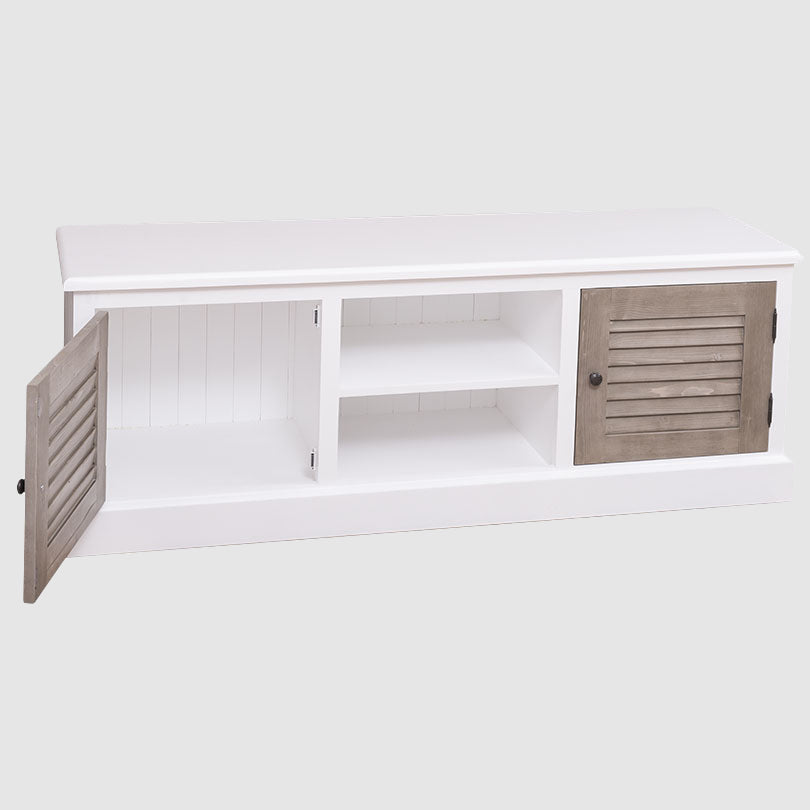 Meuble TV en bois massif avec une porte ouverte et deux niches centrales