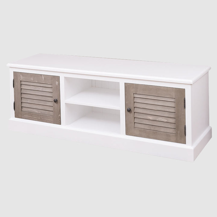 Meuble TV en bois massif avec 2 portes et 2 niches ouvertes, finition bicolore blanc et bois