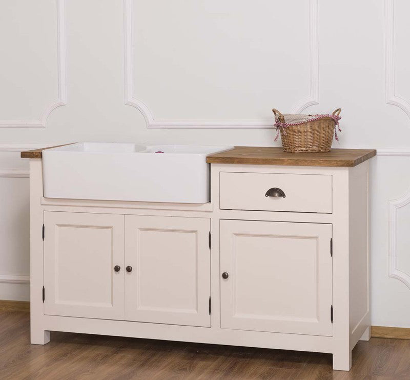 Meuble bas de cuisine évier double vasque en pin massif, vue en situation.