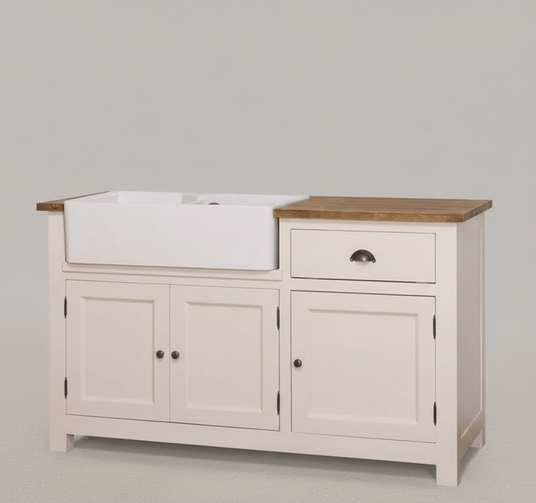 Meuble bas de cuisine évier double vasque en pin massif, vue de face.