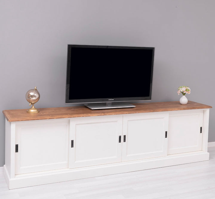 Meuble TV en pin massif blanc avec 4 portes coulissantes et 0 tiroir.
