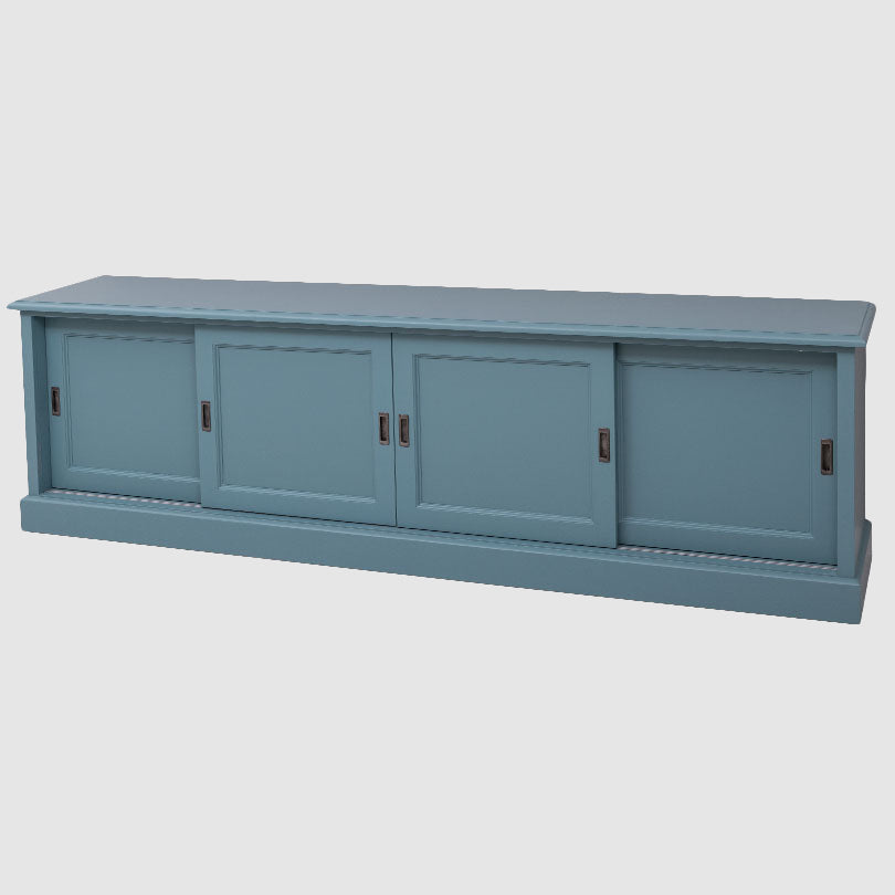 Meuble TV en pin massif bleu avec 4 portes coulissantes et 0 tiroir.
