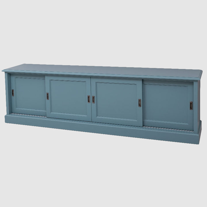 Meuble TV en pin massif bleu avec 4 portes coulissantes et 0 tiroir.
