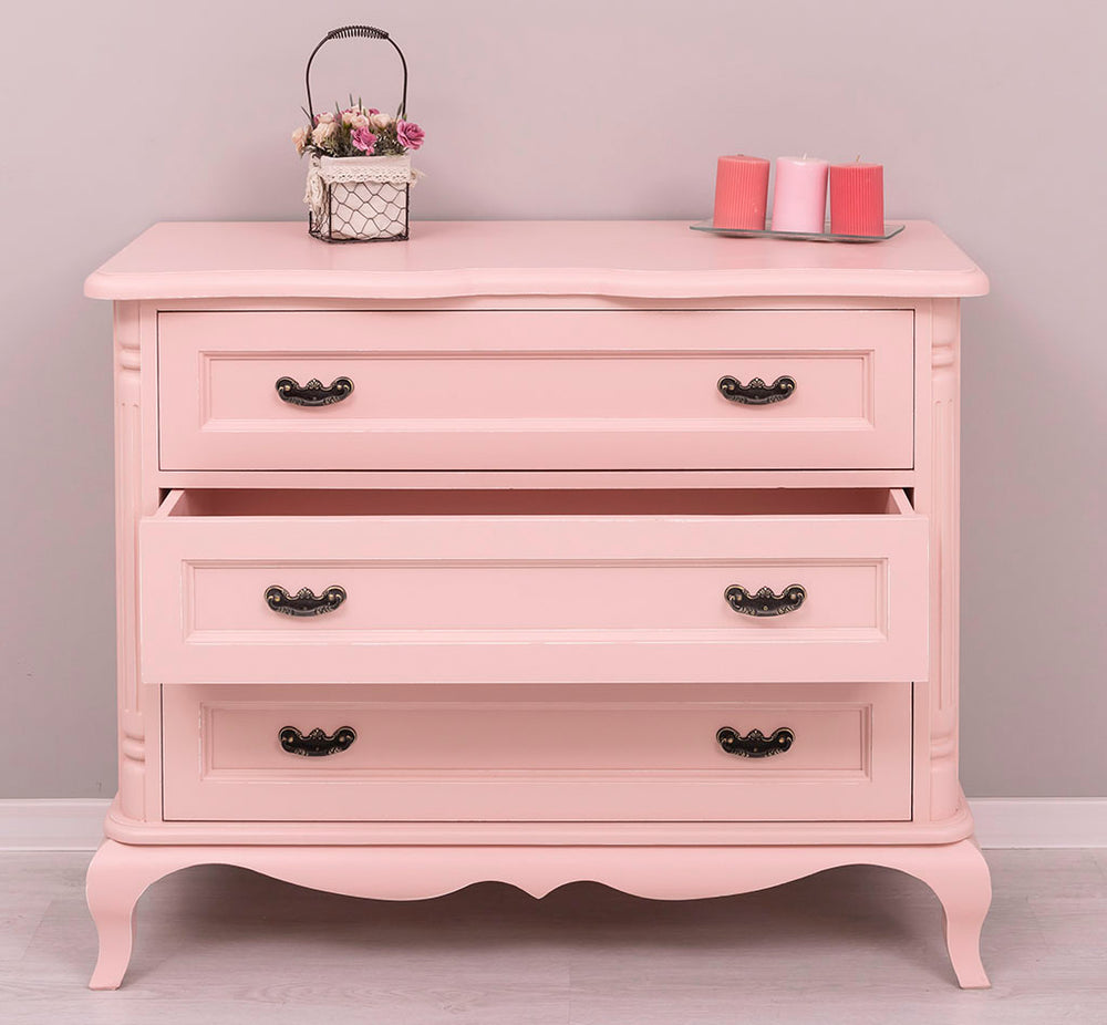 Commode 110 cm en pin massif rose avec tiroir ouvert