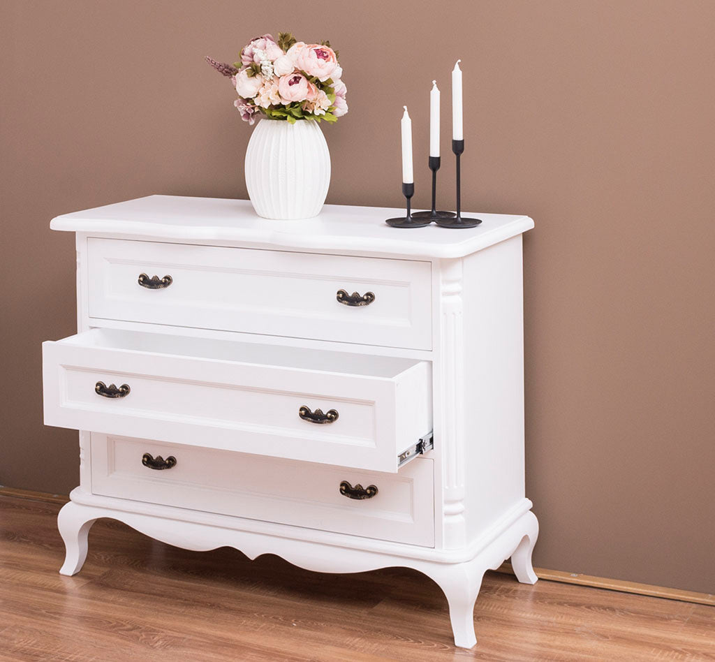 Commode 110 cm en pin massif avec tiroir ouvert