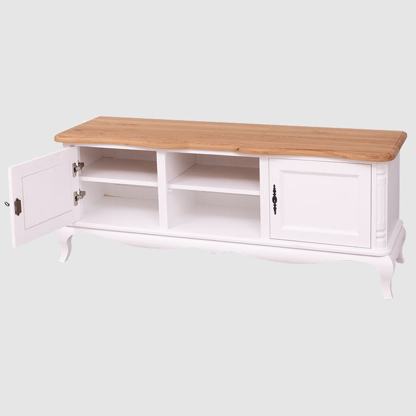 Meuble TV en bois massif avec une porte ouverte et deux niches centrales