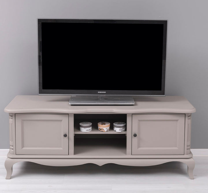 Meuble TV en bois massif avec 2 portes et 2 niches ouvertes, vue de face