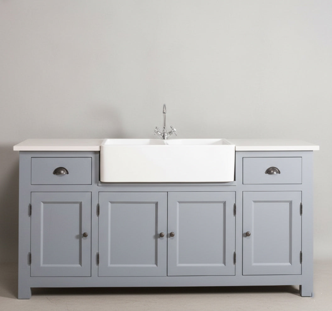 Meuble bas de cuisine évier double vasque en pin massif, vue de face.