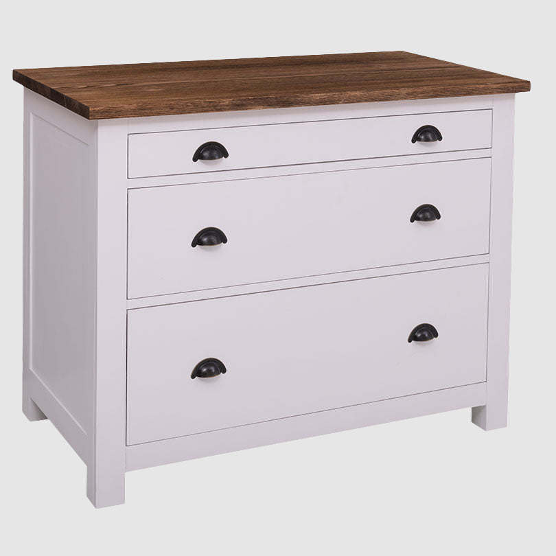 Meuble bas de cuisine en pin massif avec trois tiroirs en façade, vue de face.