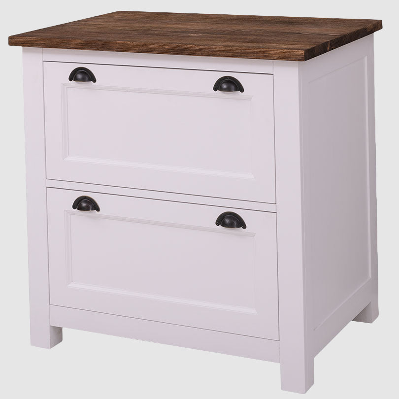 Meuble bas de cuisine en pin massif avec deux tiroirs en façade, vue de face.