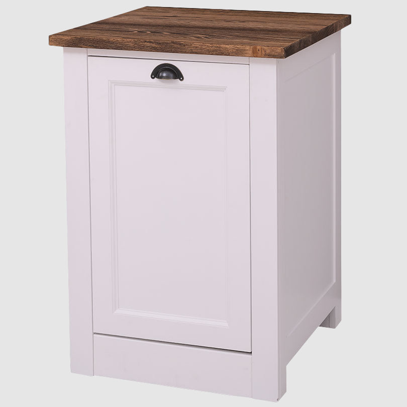 Meuble d'habillage pour lave-vaisselle encastrable, de couleur blanche avec un plateau supérieur en bois brun foncé et une poignée demi-lune noire.
