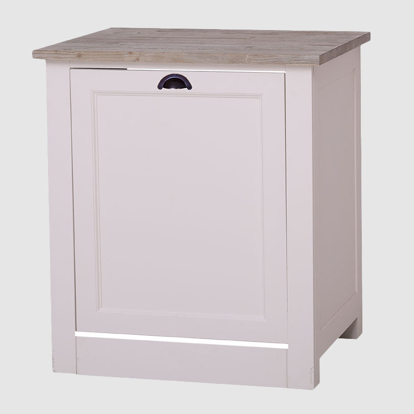 Meuble d'habillage pour lave-vaisselle de couleur blanche avec un plateau supérieur en bois gris clair, doté d'une poignée demi-lune noire sur la façade.