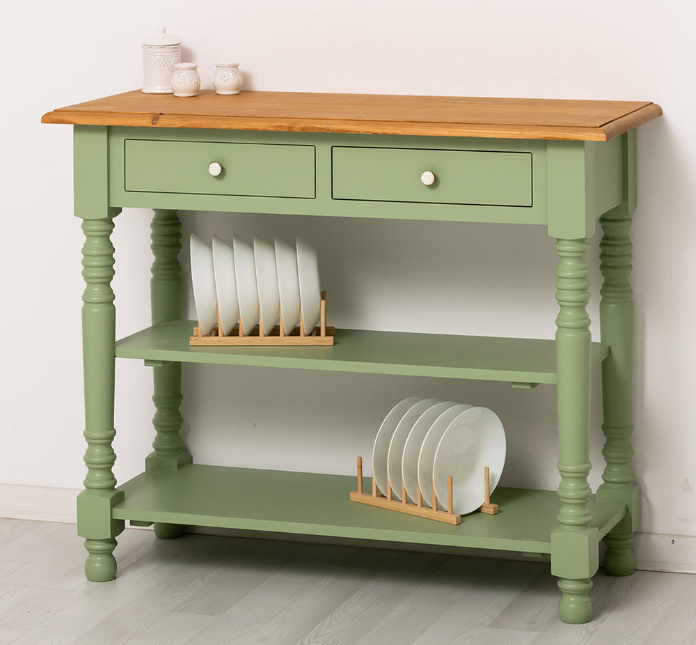 Meuble bas de cuisine en pin massif avec deux tiroirs et étagères fixes ouvertes, vue de trois quarts.