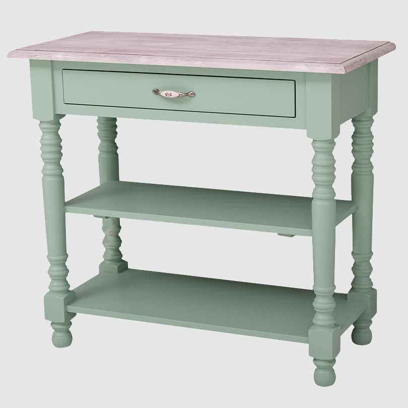 Meuble bas de cuisine en pin massif avec un tiroir et deux étagères fixes ouvertes, vue de face.