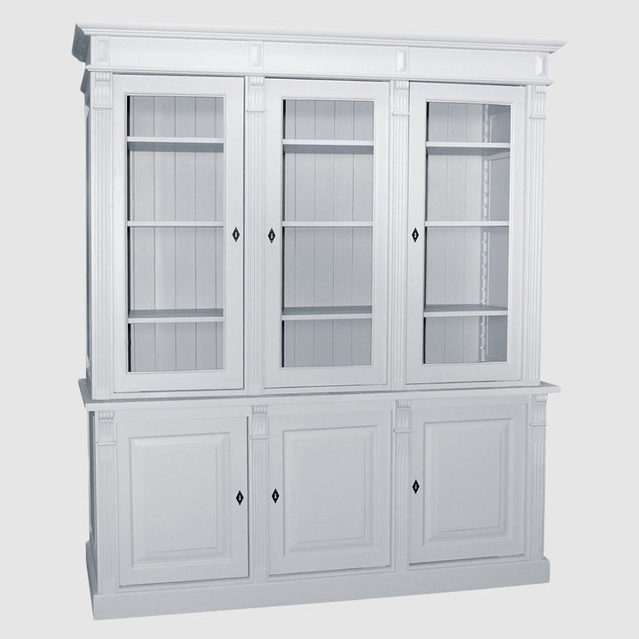 Bibliothèque en pin massif avec trois portes vitrées en partie haute et trois portes pleines en partie basse, largeur 183 cm