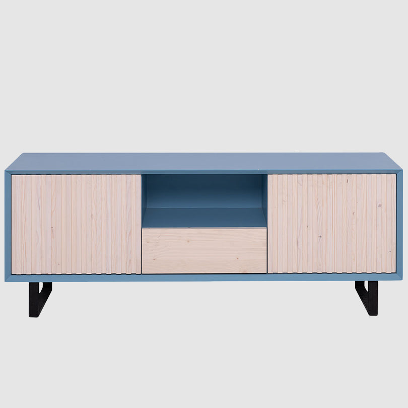 Meuble TV en bois massif 2 portes à tasseaux et 1 tiroir central, structure bleue.