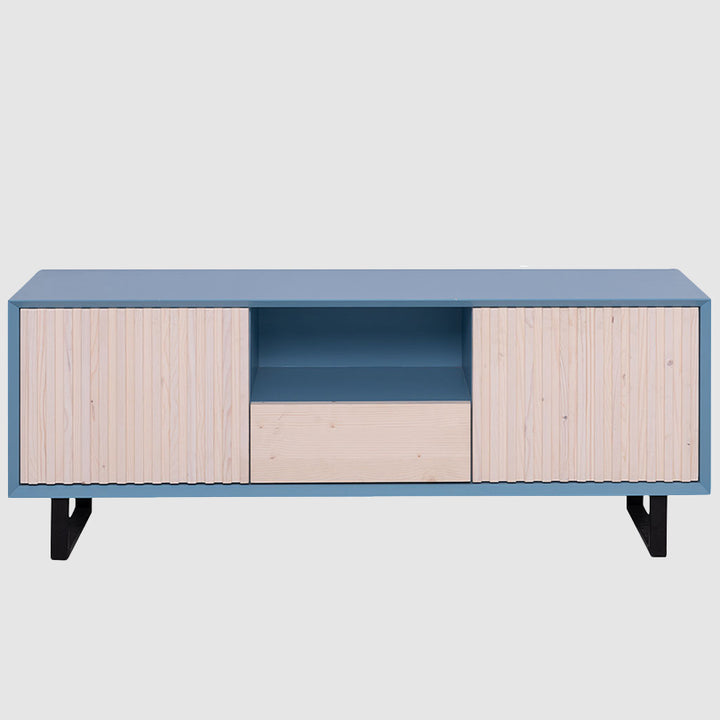 Meuble TV en bois massif 2 portes à tasseaux et 1 tiroir central, structure bleue.