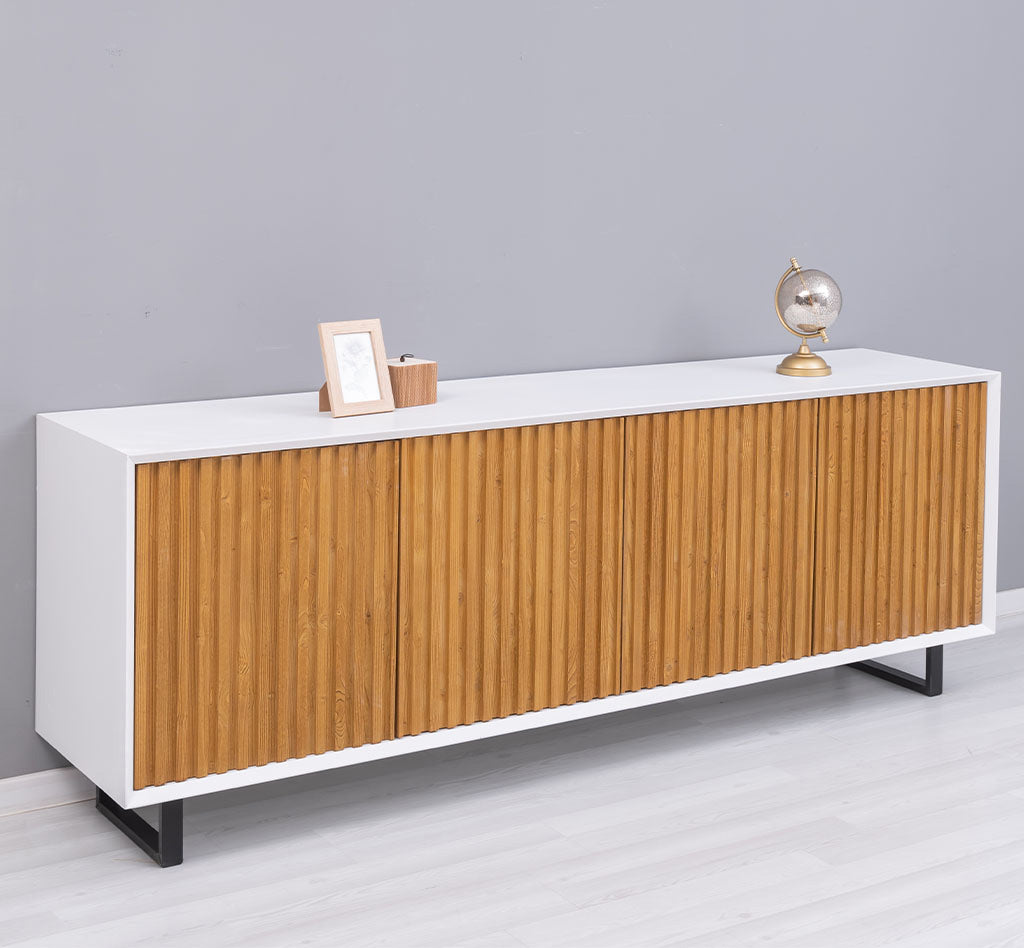 Buffet 4 portes 214 cm en pin massif et MDF, structure Bleu Ciel P053 et portes Blanc Pur P004