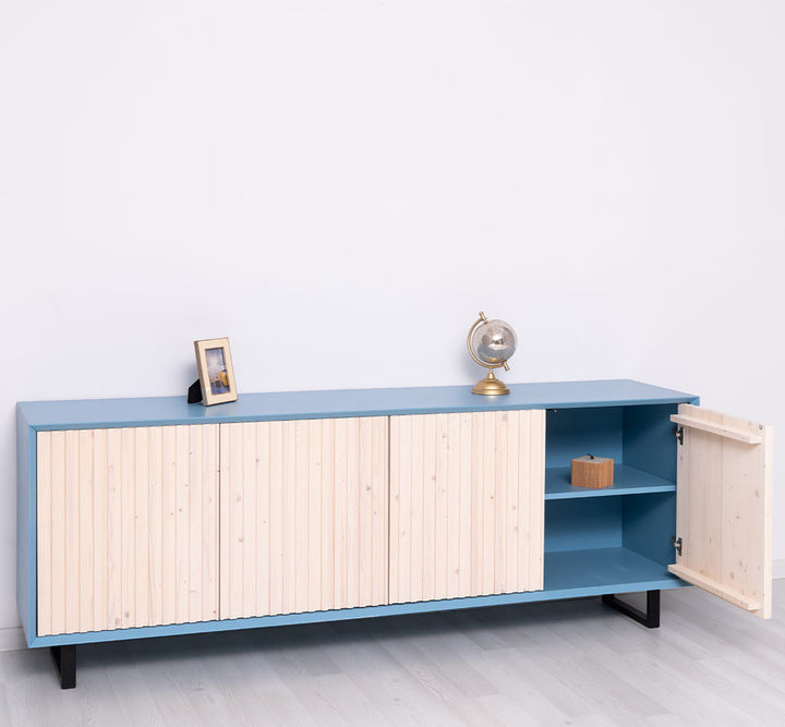 Buffet 4 portes 214 cm en pin massif et MDF, structure Bleu Ciel P053 et portes Huilé blanchi P095