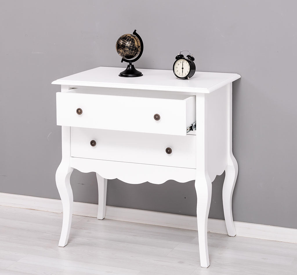 Console en pin massif blanc avec 2 tiroirs, 80 cm.