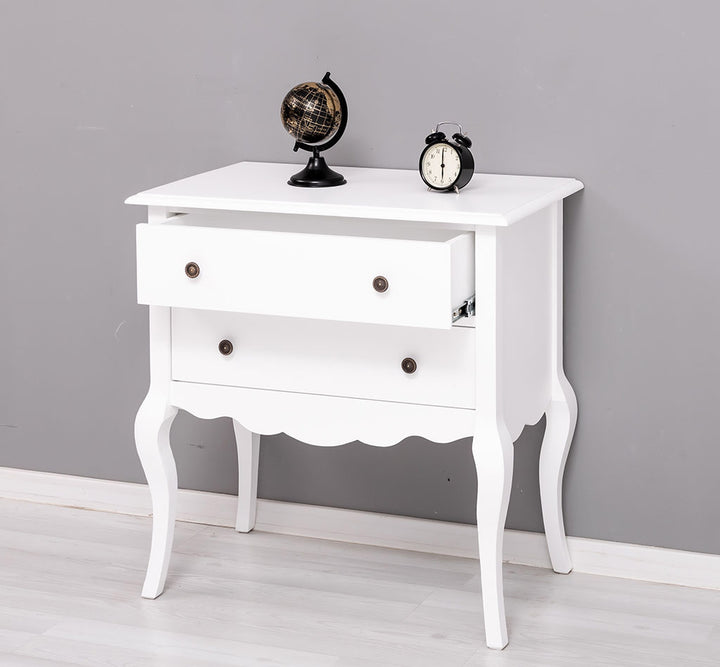 Console en pin massif blanc avec 2 tiroirs, 80 cm.