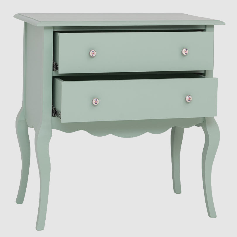 Console en pin massif avec 2 tiroirs ouverts, largeur 80 cm.