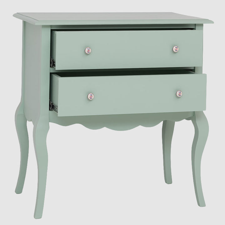 Console en pin massif avec 2 tiroirs ouverts, largeur 80 cm.