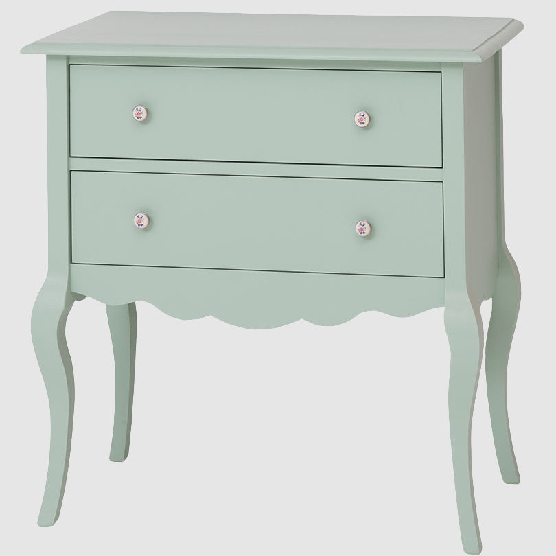 Console en pin massif vert clair avec 2 tiroirs, 80 cm de largeur.