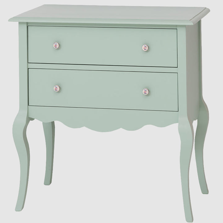 Console en pin massif vert clair avec 2 tiroirs, 80 cm de largeur.