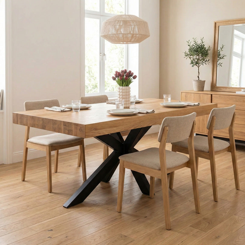 Table en chêne massif avec plateau épais et pied central en métal noir, présentée dans une salle à manger avec chaises.

