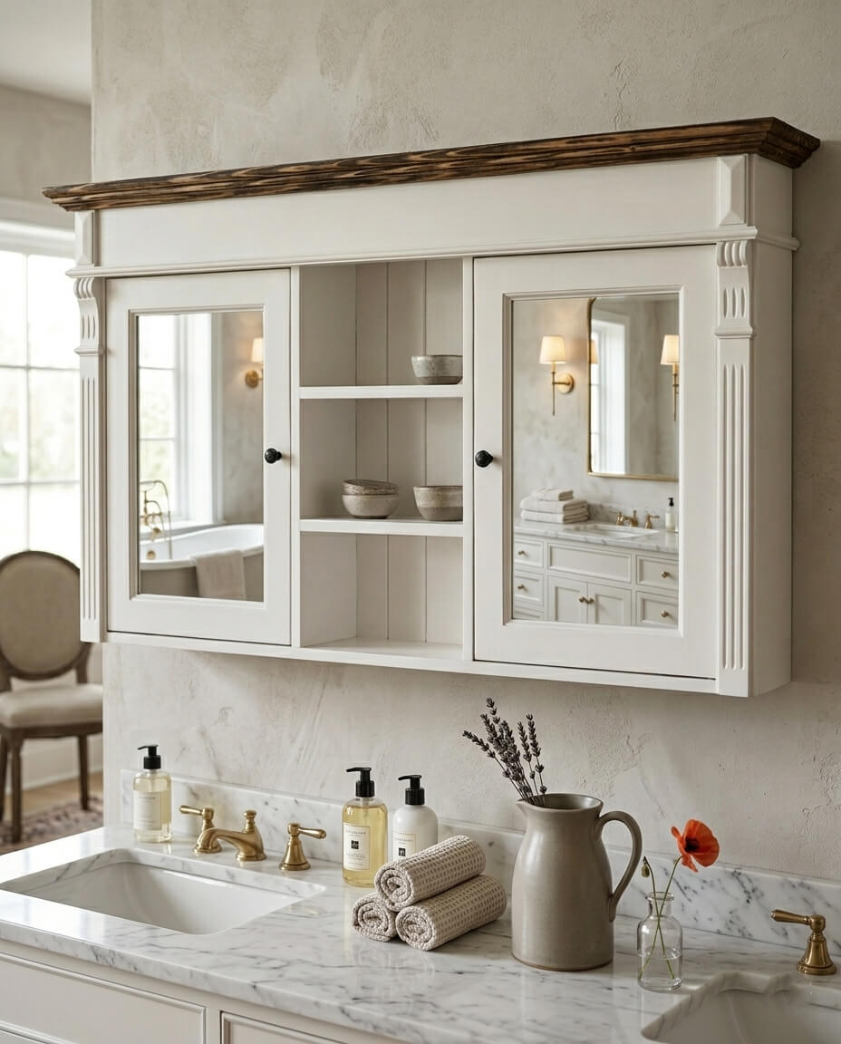 Ambiance de salle de bain avec une armoire miroir blanche suspendue au-dessus d&