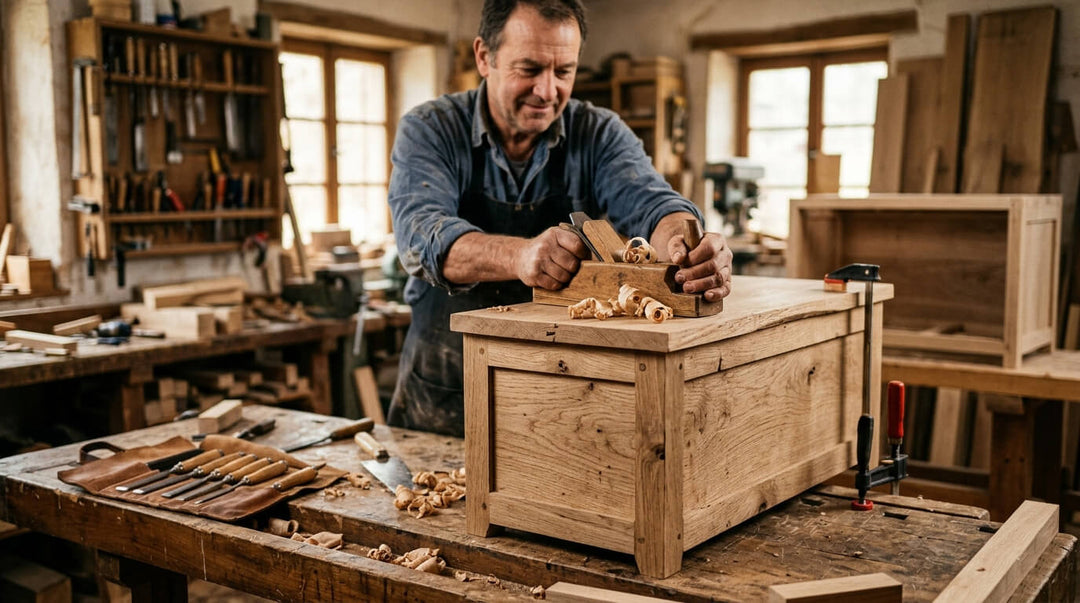 Photographie ultra-réaliste d'un artisan menuisier utilisant un rabot traditionnel sur un meuble en bois massif dans un atelier authentique. Gros plan sur les détails du bois, les copeaux et les outils à main, avec une lumière naturelle chaleureuse provenant d'une fenêtre en arrière-plan.