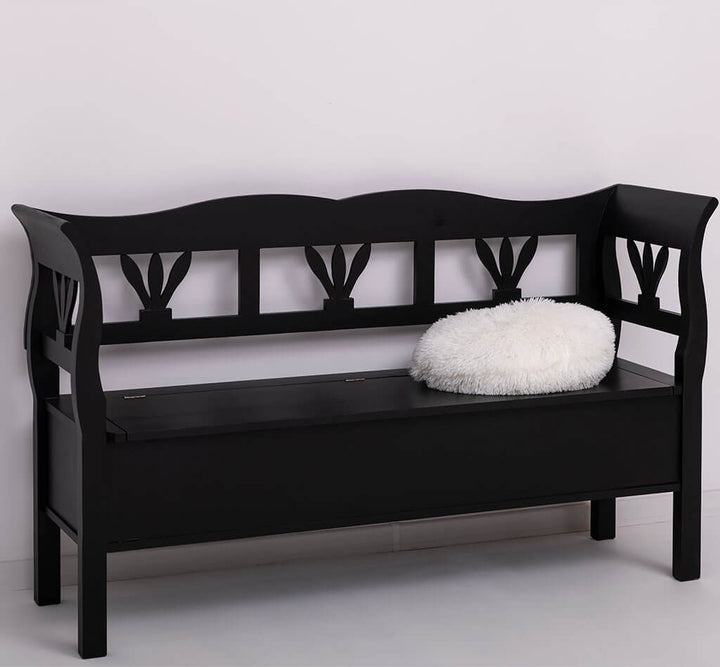 Banc en pin massif avec coussin décoratif et dossier travaillé — Le Grenier Campagnard