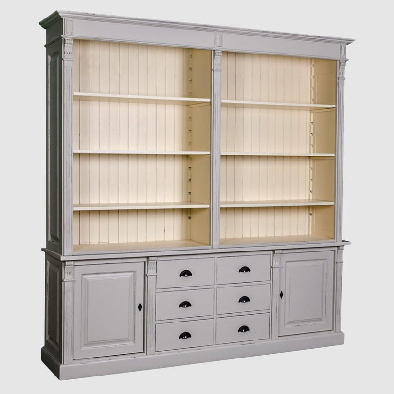 Bibliothèque en pin massif 223 cm avec double étagère ouverte en partie haute, tiroirs et portes pleines en partie basse