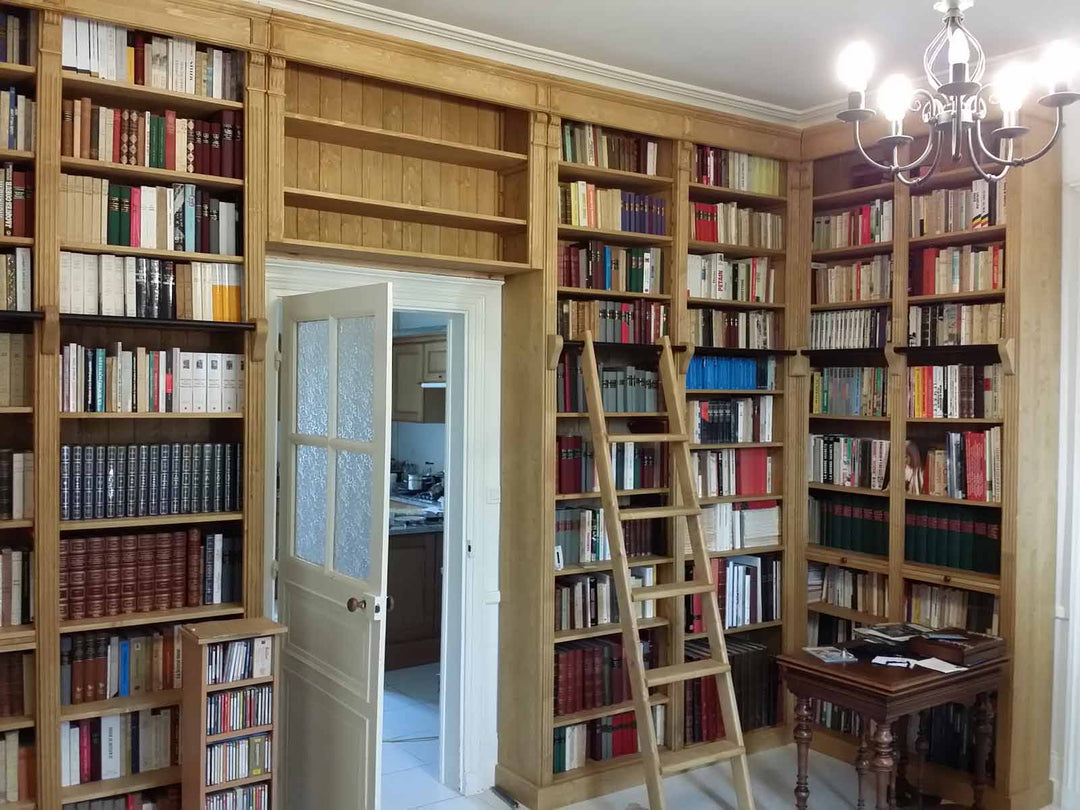 Grande bibliothèque sur mesure avec passage de porte et échelle en bois