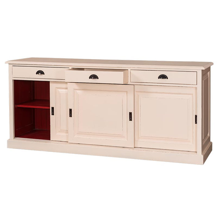 Buffet en pin massif beige lin avec rangements intérieurs rouge passion