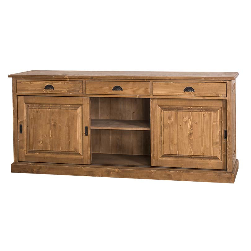 Buffet en pin massif finition ciré foncé avec rangements intérieurs visibles