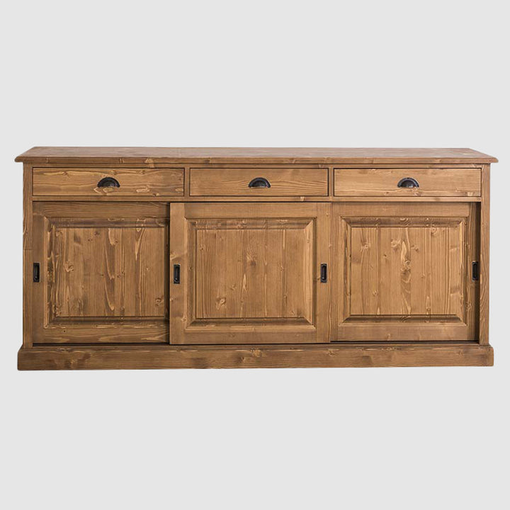 Buffet en pin massif finition ciré foncé avec portes coulissantes et tiroirs