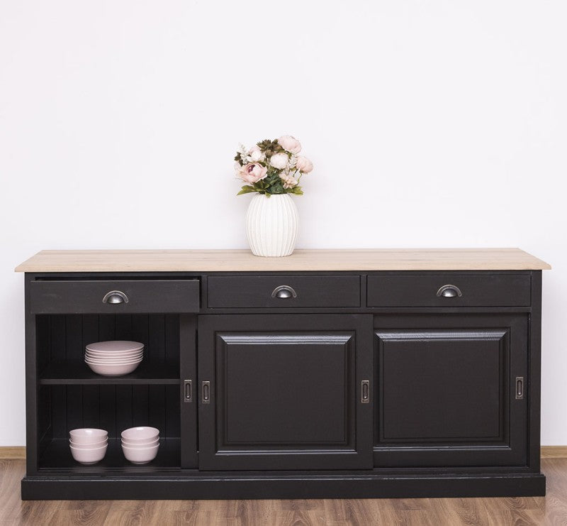 Buffet en pin massif noir intense avec plateau en chêne et rangements ouverts