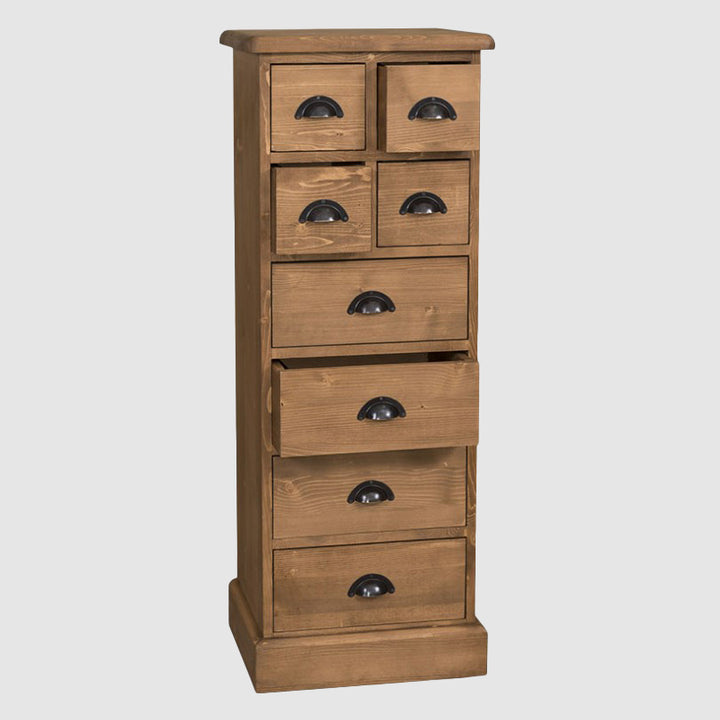 chiffonnier 8 tiroirs en pin massif finition ciré foncé