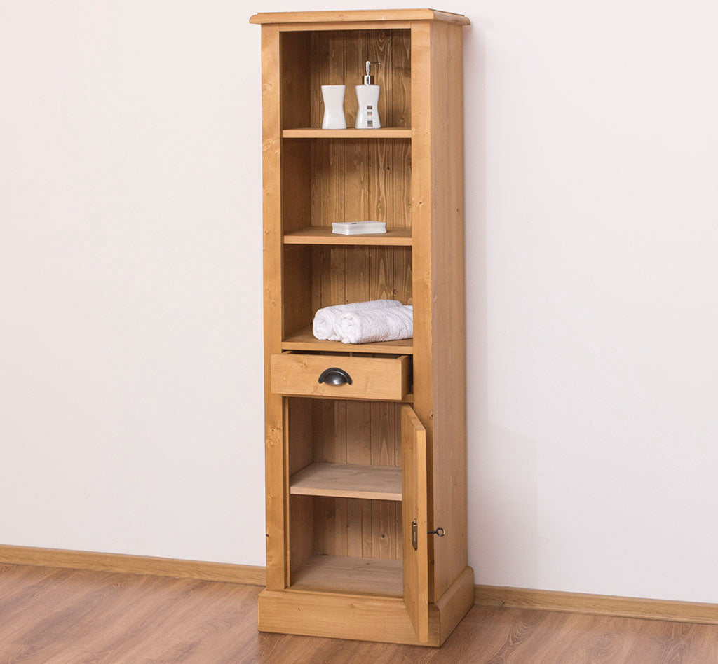 Colonne de salle de bain en pin massif finition Ciré miel clair avec 1 porte et 1 tiroir